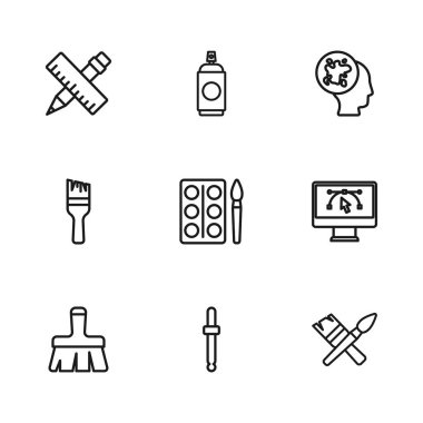 Satır göz damlası renk seçici paleti, tasarım programlı bilgisayar, boya fırçası, suluboya boya boya boya kutusu, sprey, çapraz cetvel ve kalem, kutu ve simge. Vektör