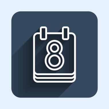 8 Mart tarihli beyaz çizgi takvimi uzun gölge arkaplanlı izole edilmiş. Uluslararası Mutlu Kadınlar Günü. Mavi kare düğme. Vektör