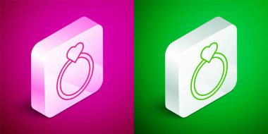 Isometric line Diamond engagement ring icon isolated on pink and green background. Silver square button. Vector