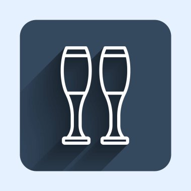 Beyaz çizgi bovling lobut simgesi uzun gölge arkaplan izole. Hokkabazlık kulüpleri, sirk şekerlemeleri. Mavi kare düğme. Vektör