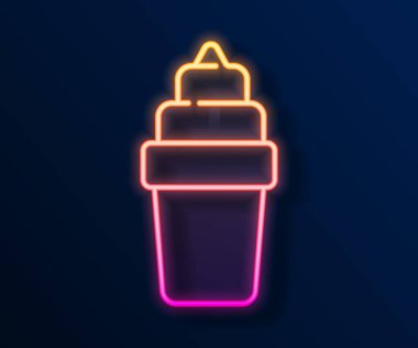 Siyah zemin üzerinde izole edilmiş waffle konisi ikonunda parlayan neon çizgisi dondurma. Güzel sembol. Vektör