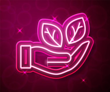 Parlayan neon çizgisi El, kırmızı arkaplanda izole edilmiş bitki ikonunun bir yaprağını tutuyor. Doğayı koru. Yaprak, çevre korumasıyla çekiliyor. Vektör