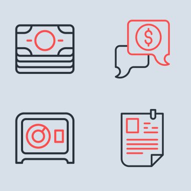 İş görüşmelerini ayarla, güvenli, özgeçmiş ve para basma ikonu. Vektör