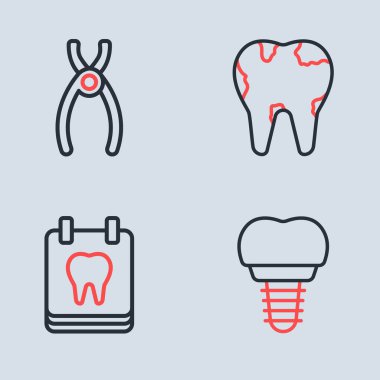 Kırık diş, takvim, diş implantı ve pense ikonu. Vektör