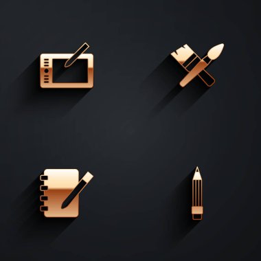 Grafik tableti, boya fırçası, not defteri ve silgi simgesini uzun gölgeli olarak ayarla. Vektör