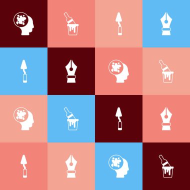 Pop boya spreyini fırçalı kovayı, palet bıçağını ve dolmakalem ucu simgesini hazırla. Vektör