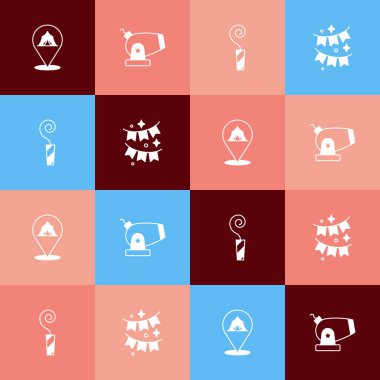 Pop sanat sirki çadırı, top, doğum günü kornası ve bayrak ikonlu karnaval çelengi. Vektör