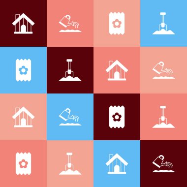 Pop sanat çiftliği, su kovası, tohum ve kürek ikonu dolu bir paket hazırla. Vektör