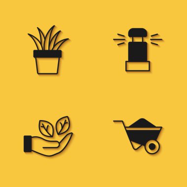 Saksıya bitki, el arabası, yaprak el ve uzun gölgeli otomatik sulama ikonu koyun. Vektör