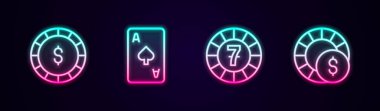 Dolarlı kumarhane fişi, iskambil kağıdı sembolü, fiş ve... Parlayan neon ikonu. Vektör