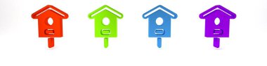 Beyaz arkaplanda izole edilmiş renkli kuş evi simgesi. Yuva kutusu kuş evi, kuşlar için ev yapımı bina. Minimalizm kavramı. 3 Boyutlu resimleme