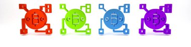 Renkli engelleme teknolojisi Bitcoin simgesi beyaz arkaplanda izole edildi. Soyut geometrik blok zincir ağ teknolojisi işi. Minimalizm kavramı. 3 Boyutlu resimleme