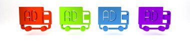 Kamyon simgesindeki renkli reklamlar beyaz arkaplanda izole edildi. Pazarlama ve tanıtım süreci kavramı. İlgili reklamlar. Sosyal medya reklamcılığı. Minimalizm kavramı. 3 Boyutlu resimleme