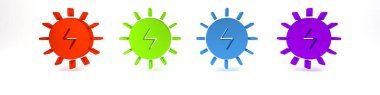 Beyaz arkaplanda izole edilmiş renkli Güneş enerjisi simgesi. Yıldırım sembollü güneş. Minimalizm kavramı. 3 Boyutlu resimleme