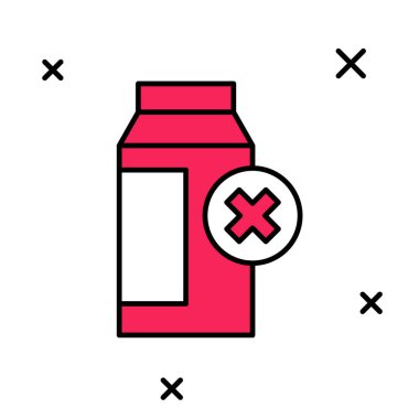 Beyaz arkaplanda izole edilmiş ana hatlı laktoz intolerans simgesi. Süte izin yok. Alerji konsepti, laktoza duyarlılık alerjisi uyarısı. Vektör