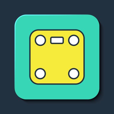 Mavi arka planda izole edilmiş ana hatlı banyo ölçekli simge. Ağırlık ölçme ekipmanı. Ağırlık ölçeği spor konsepti. Turkuaz kare düğme. Vektör