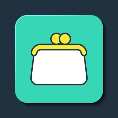 Doldurulmuş el çantası simgesi mavi arkaplanda izole edildi. Kadın el çantası işareti. Glamour günlük bagaj sembolü. Turkuaz kare düğme. Vektör