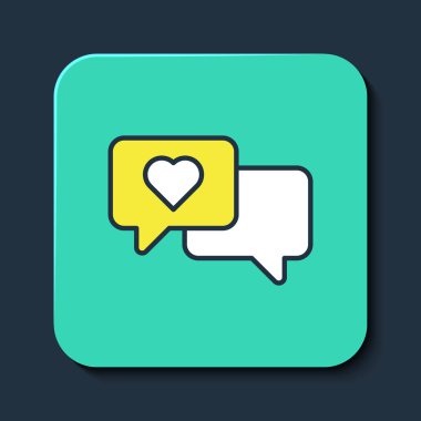 Mavi arkaplanda izole edilmiş konuşma baloncuğu simgesiyle Heart 'ın ana hatları dolduruldu. Sevgililer günün kutlu olsun. Turkuaz kare düğme. Vektör