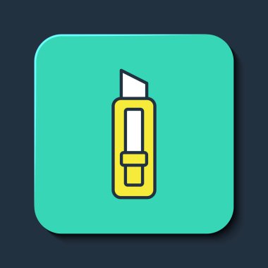 Doldurulmuş kırtasiye bıçağı simgesi mavi arkaplanda izole edildi. Ofis kâğıt kesicisi. Turkuaz kare düğme. Vektör