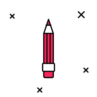 Beyaz arkaplanda izole edilmiş silgi simgesiyle doldurulmuş kalem. Çizim ve eğitim araçları. Okul sembolü. Vektör