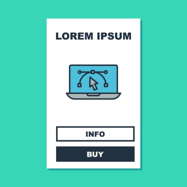 Turkuaz arka planda izole edilmiş vektör tasarım programı simgesi ile doldurulmuş ana hatlı bilgisayar görüntüsü. Kullanıcı arayüzü ile fotoğraf düzenleme yazılımı. Vektör