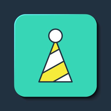 Doldurulmuş Parti şapka simgesi mavi arka planda izole edildi. Doğum günü şapkası. Turkuaz kare düğme. Vektör