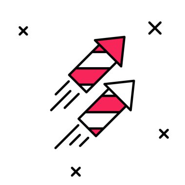 Beyaz arkaplanda izole edilmiş ana hatlı Firework roket ikonu. Eğlence partisi anlayışı. Patlayıcı havai fişek sembolü. Vektör