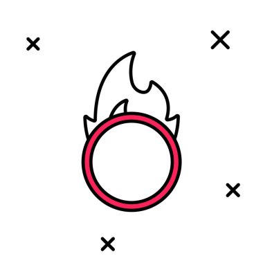 Beyaz arka planda izole edilmiş ana hatlı Circus ateş çemberi ikonu. Ateş çemberi. Yuvarlak ateşli çerçeve. Vektör