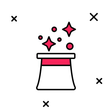 Beyaz arkaplanda izole edilmiş ana hatlı Sihirbaz şapkası simgesi. Sihir numarası. Gizemli eğlence konsepti. Vektör
