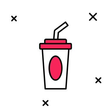 Kağıt bardakla doldurulmuş, beyaz arka planda izole edilmiş saman ve su ikonu var. Soda bardağı. Taze soğuk içecek sembolü. Vektör