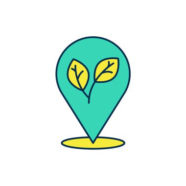 Beyaz arkaplanda izole edilmiş ana hatlı konum broşu ile simgenin içindeki yaprak ile dolduruldu. İşaret bırakıyor. Taze doğal ürün sembolü. Vektör