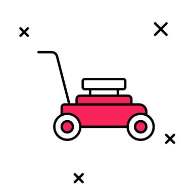 Doldurulmuş çim biçme makinesi simgesi beyaz arkaplanda izole edildi. Çim biçme makinesi çim biçiyor. Vektör
