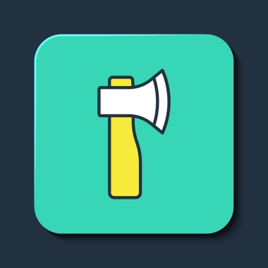 Doldurulmuş ahşap balta simgesi mavi arkaplanda izole edildi. Oduncu baltası. Turkuaz kare düğme. Vektör