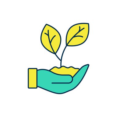 Doldurulmuş El beyaz arkaplanda izole edilmiş bitki ikonunun bir yaprağını tutuyor. Doğayı koru. Yaprak, çevre korumasıyla çekiliyor. Vektör