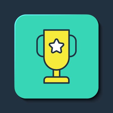 Mavi arka planda izole edilmiş ana hatlı kumarhane poker kupası ikonu. Turkuaz kare düğme. Vektör