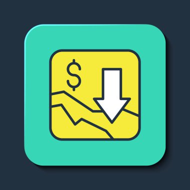 Doldurulmuş finansal büyüme azaltımı mavi arka planda izole edilmiş ikon. Gelirleri arttırıyorum. Turkuaz kare düğme. Vektör