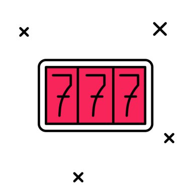 Beyaz arka planda izole edilmiş şanslı yedili büyük ikramiye ikonu ile ana hatlı kumar makinesi. Vektör