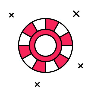 Doldurulmuş ana hatlı kumarhane çipleri simgesi beyaz arkaplanda izole edildi. Kumarhane kumarı. Vektör