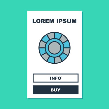 Doldurulmuş ana hatlı kumarhane çipleri simgesi turkuaz arka planda izole edildi. Kumarhane kumarı. Vektör