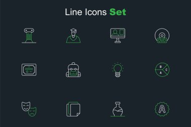 Sınav kağıdını A + notu, Test tüpü, Dosya belgesi, Komedi ve trajedi maskeleri, pasta grafiği bilgisi, yaratıcı lamba ışığı fikri, okul çantası ve sertifika şablon ikonu ile ayarla. Vektör