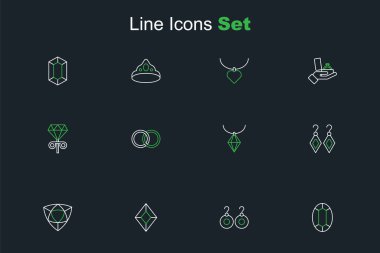 Sabit çizgi taşı, küpeler, elmas kolye, düğün ve küpe ikonu. Vektör