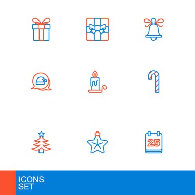 Sabit bir Noel takvimi, yıldız, ağaç, çizgili baston şekeri, Noel Baba şapkası, yanan mum, zil ve hediye kutusu ikonu. Vektör