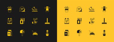 Otomatik sulama fıskiyeleri, Kuş evi, Yaprak el, çim biçme makinesi, su için bahçe spreyi, su kovası, saksı ve ikon koyun. Vektör