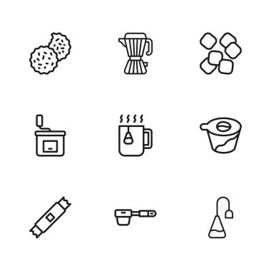 Çizgi kahve filtresi, kahve makinesinin üzerine dökme, çay poşeti, çay poşeti, şeker küpleri, kurabiye ya da bisküvi, moka demlik ve el değirmeni ikonu. Vektör