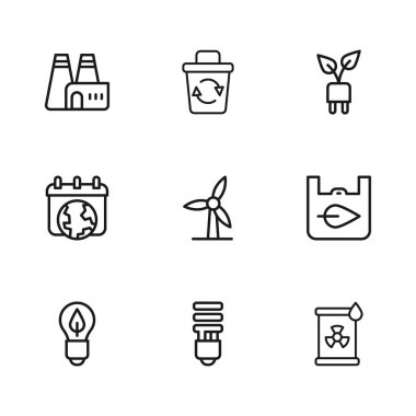 LED ampul, geri dönüşümlü alışveriş torbası, radyoaktif atık varili, rüzgar türbini, elektrik tasarrufu yaprağı, fabrika üretimi, Geri Dönüşüm ve Dünya Günü ikonu. Vektör