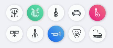 Set line Trumpet, Bandura, Bongo drum, Guitar pick, Tambourine, Violin, Grand piano and Balalaika icon. Vector clipart