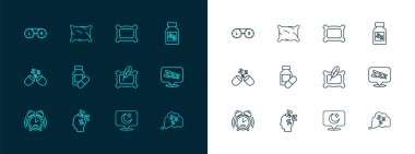 Uyku hapı, Rüyalar, Yastık, Ay ve yıldızlar, kontak lens kutusu ve ikonu ayarla. Vektör