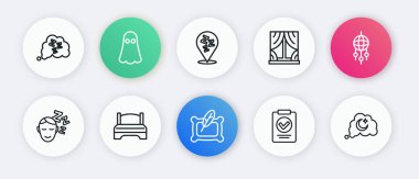 Set hattı yastığı, tüylü rüya yakalayıcı, hayaller, tıbbi reçete, pencere perdeleri, uykulu ve büyük yatak ikonu. Vektör