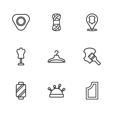 İğne ve iğneler, deri, dikiş desenleri, elbise dolabı, tebeşir, iplik ve manken simgesi. Vektör