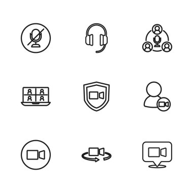Hat 360 derece, görüntülü sohbet konferansı, toplantı, sessiz mikrofon, kulaklık ve ikon ayarlayın. Vektör